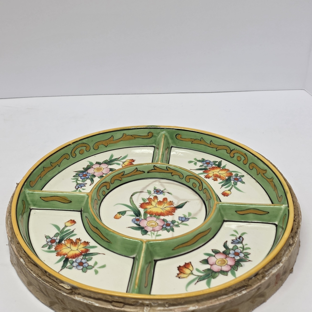 Moriyama Mori-Machi Green/Cream Floral Porcelain Divided Serving Platter